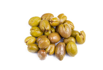 Cracked green olives on the white background. Turkish style olive (Turkish name; kirma zeytin)