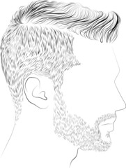 Elegant male hairstyle moustache and beard silhouette, black and white vector illustration - 410619089