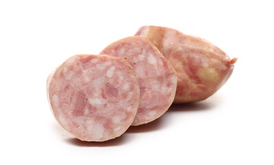 Sausage slices, round chopped meat pieces isolated on white background