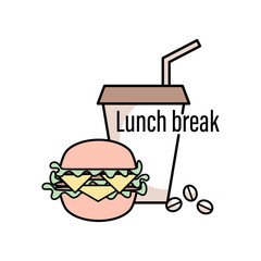 Lunch break. Burger, coffee. Food, drink icon. Linear symbol for web and mobile phone. Vector graphic illustration isolated on white background. Symbol. Trendy design.