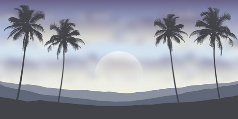 tropical night landscape with palm trees and mountains vector illustration EPS10