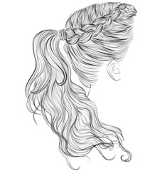 Low plaited wavy ponytail with a braid hairstyle vector illustration	 - 410619692