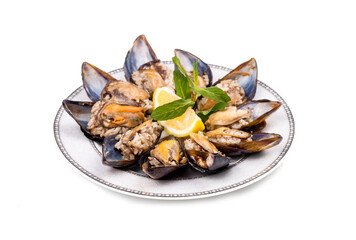 Midye dolmasi, stuffed mussels, turkish food isolated on white background