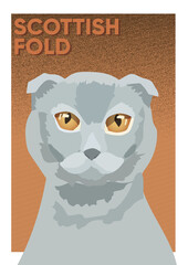 Scottish fold cat portrait poster for print. Funny beutiful cute gray cat. Lop-eared cat portrait. Gray cat on orange background. Vector poster for interior, print, magazine, blogpost
