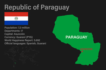 Highly detailed Paraguay map with flag, capital and small map of the world