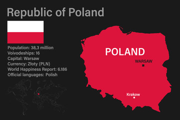 Highly detailed Poland map with flag, capital and small map of the world