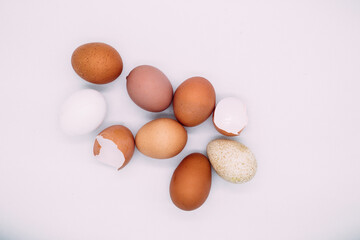 Brown and white chicken eggs on white background