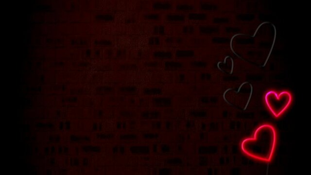 Animation of pink and red neon hearts flashing on dark brick wall background