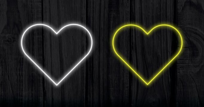 Animation of white and yellow neon hearts flashing on dark streaked background