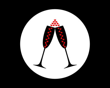 recommend clip art: Two champagne glasses with red hearts. Clink, cheers and toasting. Vector clipart on white and black background. 