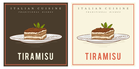 Tiramisu Italian dessert made on plate vintage retro illustration