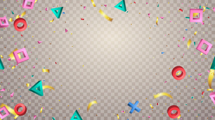 Geometric particles and serpentine on a transparent background, in the center of the composition is a place for your ideas. Vector illustration.