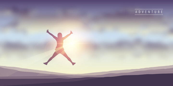 happy girl with raised arms jumps at sunshine vector illustration EPS10
