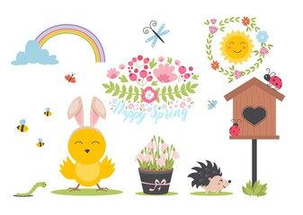Easter spring set with cute animals, birds, bees, butterflies.