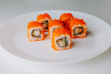 Japanese food: maki and nigiri sushi set. Sushi rolls (Philadelphia) with rice, fish salmon, smoked...
