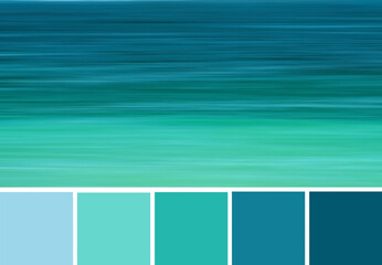 Color palette swatches of abstract blurred shapes of turquoise and dark blue sea water. Trendy...