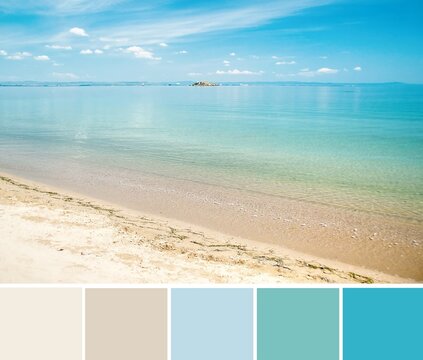Color palette swatches of seascape of turquoises blue sea water and creamy beige sand. Pastel trendy combination of aqua tones and delicate ground nuances. Colorful inspiration from natural beauty.
