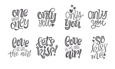 Love and romantic lettering. Happy Valentine's Day vector illustrations. Set of calligraphic phrases, words and slogans for greeting card, prints or social media design. Unique handwritten elements