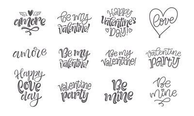 Love and romantic lettering. Happy Valentine's Day vector illustrations. Set of calligraphic phrases, words and slogans for greeting card, prints or social media design. Unique handwritten elements