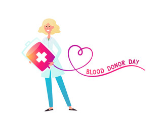 Vector neon illustration of nurse holding blood bag