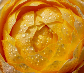 Water droplets on the petals of bright yellow rose.  Romantic holiday, natural  summer background. Soft selective focus.