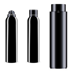 Black bottle blank. Vector aerosol spray tin. Deodorant aluminum can, realistic beauty product. Air freshener container pack. Shampoo tube with cap. Hairspray, cylinder refresher packaging
