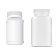 White plastic vitamin pill jar. Supplement bottle blank, 3d package with cap. medicine capsule jar mock up template, vector. Medical product bottle for prescription aspirin drug. Sport drugs
