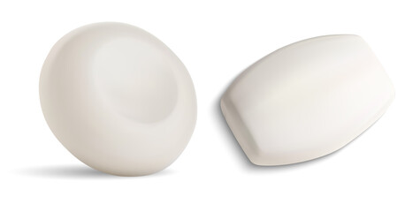 Soap bar vector isolated illustration. Loundry toiletries. Bathroom cosmetics solid soap blank ellipse and circle form template. Gentle lather care spa cream bar mockup. Realistic detergent