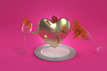 Valentine dinner gold heart in a plate, 3D render