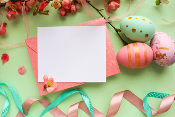 Naklejka na ściany i meble Easter card mockup. Easter eggs, spring flowers and willow twigs 