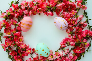 Easter card mockup. Easter eggs, spring flowers  and willow twigs 