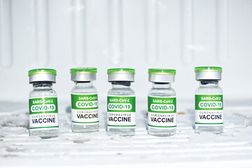 Set of COVID-19 Coronavirus vaccine bottles stored in freezer