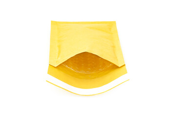 Close-up on an open padded envelope showing the internal bubble lining isolated on white.