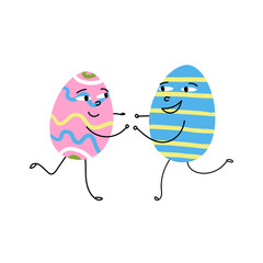 Cute Easter characters. A couple of decorated eggs running and pulls hands to each other.