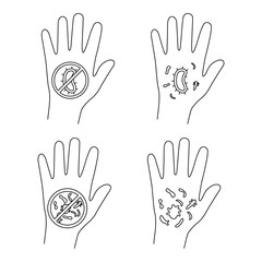 Fototapeta premium Hand with bacteria and virus. Infection spread. Germs on a dirty hand. Non bacteria concept. Protecting cover. No touch icons. Editable stroke. Vector