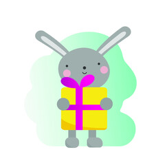 Vector illustration with a cute enamored rabbit with a heart and gift Cheerful kind gentle childish print, poster, design for textiles. Hand drawn cartoon bunny. Trendy gradient. Isolated. Valentine