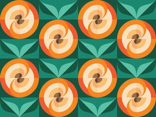 Background fruits and green leaves nature. Abstract geometric seamless pattern. Decorative ornament in flat design style. Ripe harvest banner. Apples or apricots fruits. Organic vegetables product. 