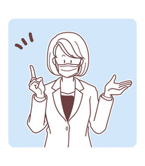 マスクをして説明をするスーツを着た女性のイラスト