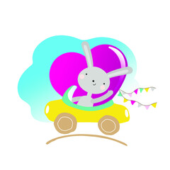 Vector illustration with a cute rabbit in a car with a heart. Cheerful kind gentle childish print, poster, design. Cartoon rabbit. Declaration of love, congratulations. Isolated. Valentine. Flags