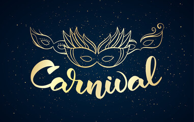 Golden handwritten elegant brush lettering of Carnival with hand drawn masquerade masks.