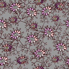 Cute pattern in small flower. Small pink flowers. Gray background. Seamless floral pattern.