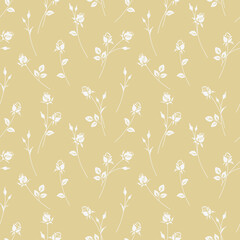 Seamless pattern with garden rose silhouette. Yellow background with blossoming flowers. Vintage floral wallpaper. Vector stock illustration.