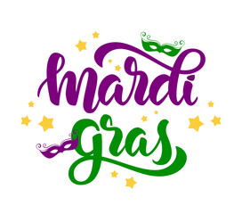 Handwritten modern brush lettering of Mardi Gras with masks and stars on white background