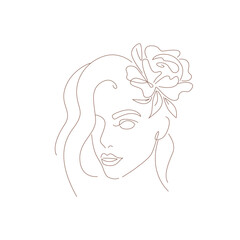 abstract face of young woman with flower, linear illustration by hand on white background