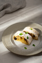 Close up of apple austrian strudel with cinnamon on a plate