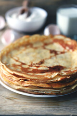 Soft focus. Homemade pancakes. Cooking pancakes for Shrovetide.