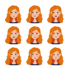 Set of facial expressions avatars woman with red hairs with different emotions