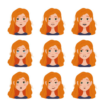 Set of facial expressions avatars woman with red hairs with different emotions