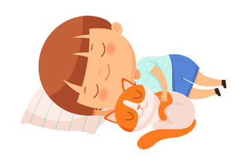Little Boy Cuddling with His Pet Cat on Pillow and Sleeping Vector Illustration