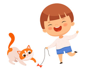 Obraz na płótnie Canvas Little Boy Laughing and Playing with His Pet Cat Vector Illustration